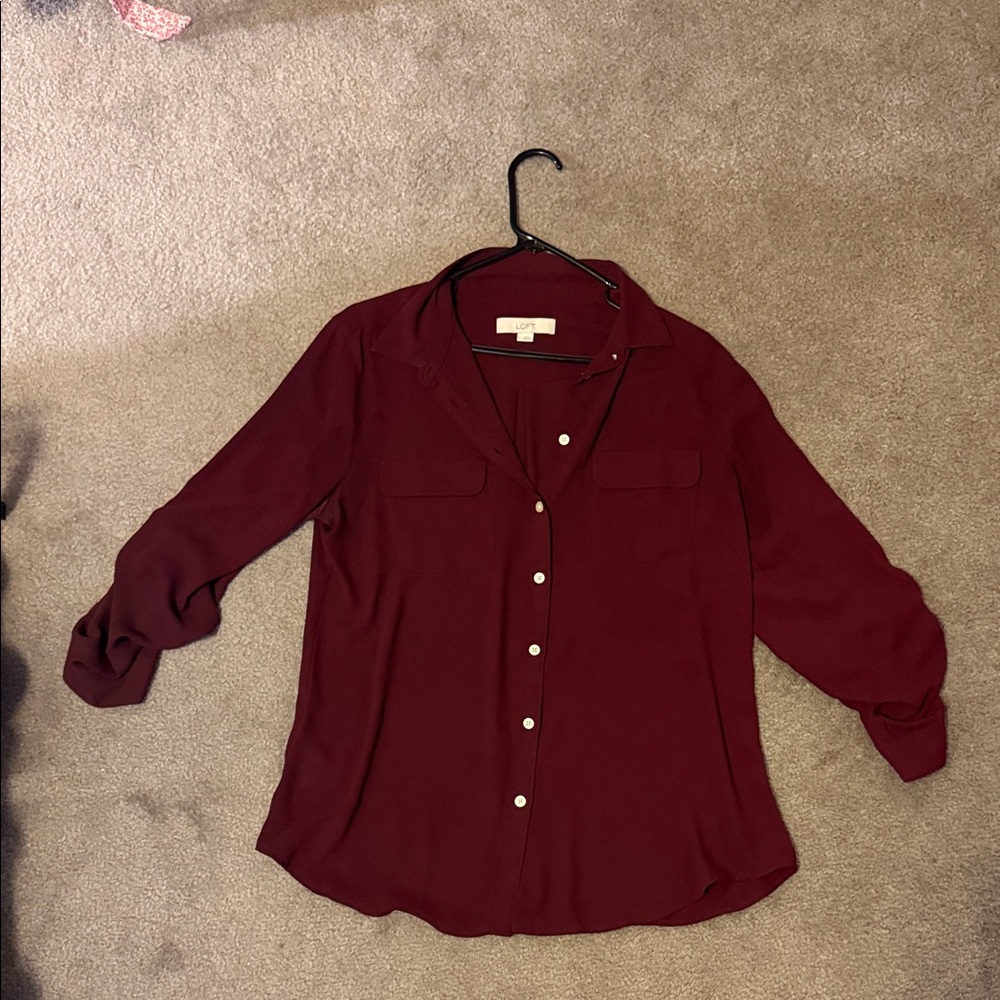 LOFT Deep Red Button-Down Shirt